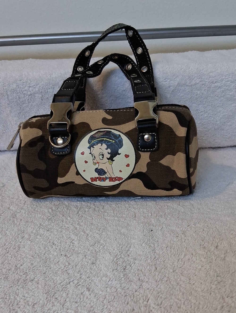 Betty Boop Camo Mini Barrel Bag in Brown and Black